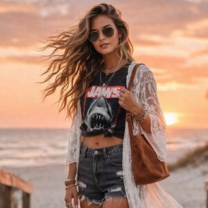 Universal Studios Jaws Vintage Red Black White Movie Poster T-shirt Small Unisex